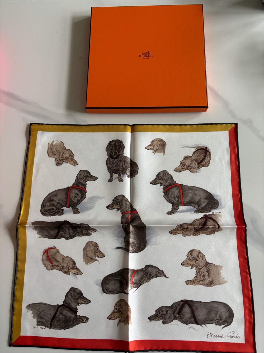 Hermes White Silk Scarf with Red and Gold Trim featuring Dachshunds bassets 45